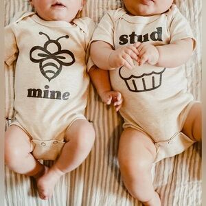 Bundle of 2 baby onesies stud muffin and bee mine 3-6 months Valentine’s twins